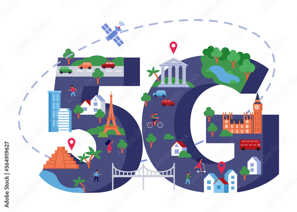 Poster 5g speed internet isolated flat vector illustration. tiny people travelling and using wireless netwo