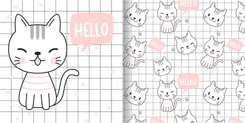 002 Draw happy cat. Print seamless pattern and Greeting card for fabric textiles kids.