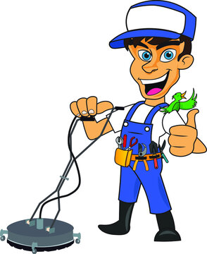 smiling pressure washer man with green bird