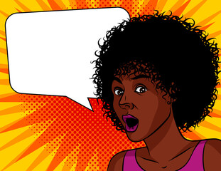 Vector Comic pop art style illustration. African american woman surprised. The woman opened her mouth in amazement. The girl is shocked. Emotional female face over dot halftone background
