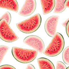 Watermelon slices are drawn by hand in a watercolor style. Seamless pattern with colorful juicy watermelon pieces on a white background. For kitchen design, restaurant menu, wrapping paper. Vector.