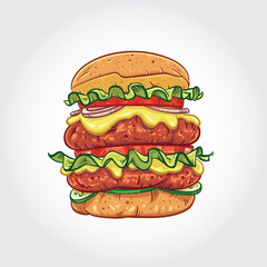 Hand drawn vector double decker burger.