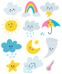 Flat vector weather illustrations set in primitive style isolated on white background. Clouds, sun, rainbow, rain, moon, sun, tornado, wind, snow, thermometer and stars with faces in a cartoon style.