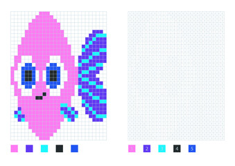 Cartoon pixel pink fish in the coloring page with numbered squares, vector illustration