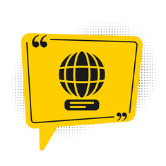 Black Worldwide icon isolated on white background. Pin on globe. Yellow speech bubble symbol. Vector.