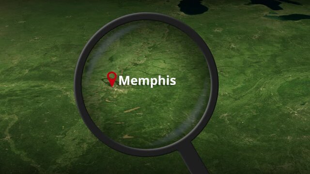 Loupe finds Memphis city on the map, 3d rendering