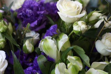 Beautiful bouquet of beautiful flowers. White roses in blossom. Birthday cards