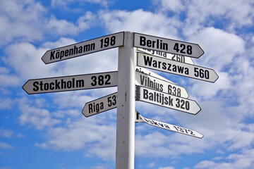A signpost showing directions and distances to different European cities