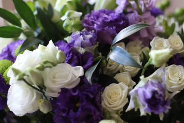 Beautiful bouquet of beautiful flowers. White roses in blossom. Birthday cards