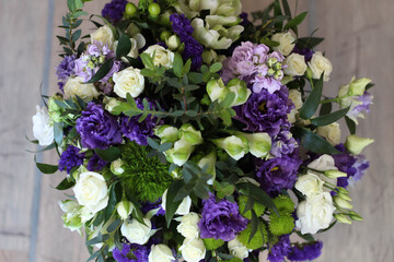 Beautiful bouquet of beautiful flowers. White roses in blossom. Birthday cards