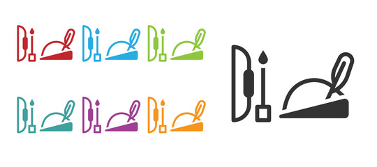 Black Robin hood hat with feather, bow and arrow icon isolated on white background. Set icons colorful. Vector.