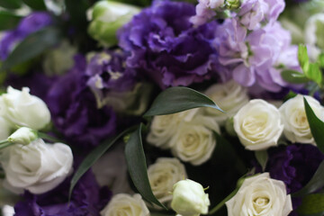 Beautiful bouquet of beautiful flowers. White roses in blossom. Birthday cards
