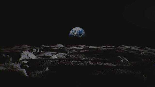 Moon panorama and earth view from the moon surface. Slow camera dolly in shot. Apollo mission. Cinematic shot. High quality 4k footage