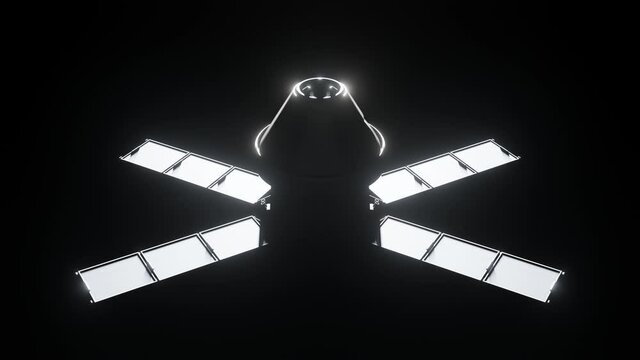 3d Animation of a ISS international Space Station satellite module in space, with solar panels. 