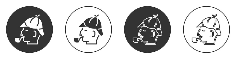 Black Sherlock Holmes with smoking pipe icon isolated on white background. Detective. Circle button. Vector.