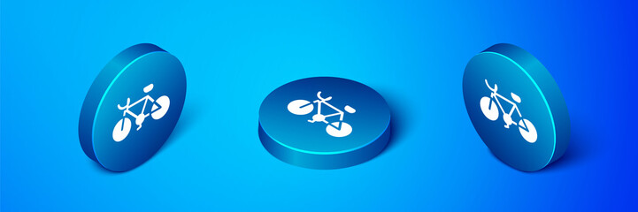 Isometric Bicycle icon isolated on blue background. Bike race. Extreme sport. Sport equipment. Blue circle button. Vector.