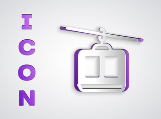 Paper cut Cable car icon isolated on grey background. Funicular sign. Paper art style. Vector.