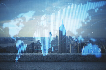 Double exposure of business theme hologram drawing and city veiw background. Concept of success.