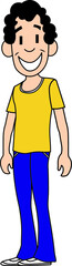 Man wearing a yellow t-shirt blue jeans pant standing pose with a big smile curly hair