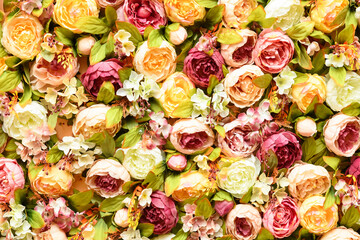 Flower texture background for wedding scene. Roses, peonies and hydrangeas, artificial flowers on...