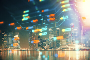 Obraz premium Data theme hologram drawing on city view with skyscrapers background multi exposure. Ai concept.