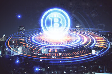 Fototapeta na wymiar Multi exposure of cryptocurrency theme hologram drawing and city veiw background. Concept of blockchain and bitcoin.
