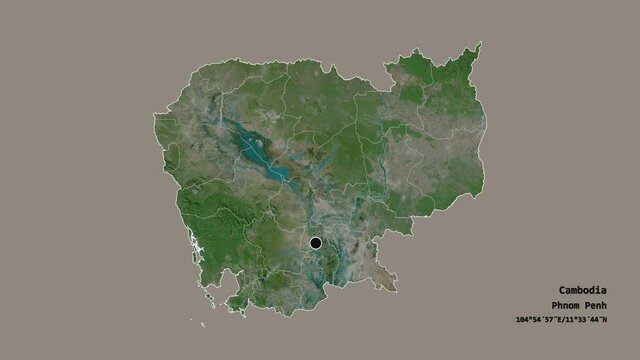 K&acirc;mp&oacute;ng Cham, province of Cambodia, with its capital, localized, outlined and zoomed with informative overlays on a satellite map in the Stereographic projection. Animation 3D