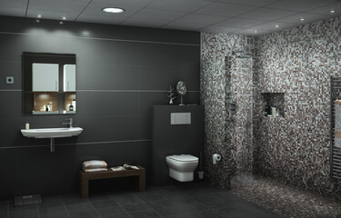 Modern minimalism style bathroom interior in dark colors
