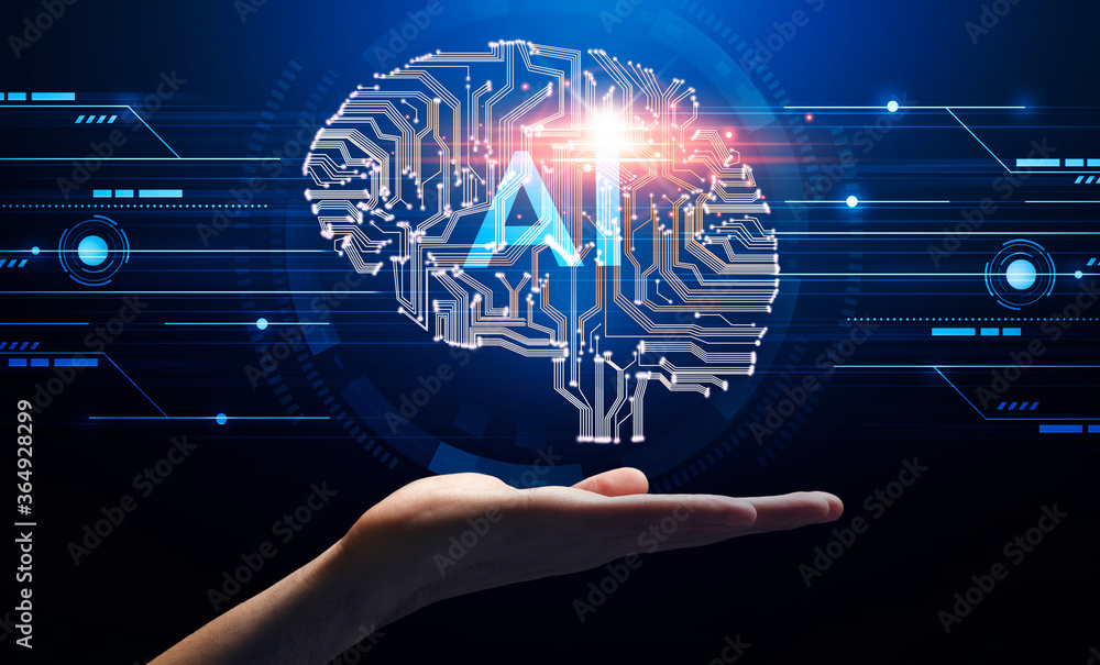 Poster hand demonstrating virtual brain with ai lettering on it