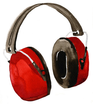 Red earmuff painted in watercolour