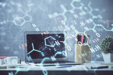 Desktop computer background and formula hologram writing. Double exposure. Education concept.