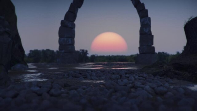 Big red setting sun visible through stone portal or gate. Fantasy landscape at sunset. Dolly in shot. High quality cinematic 3D animation. 4k footage.