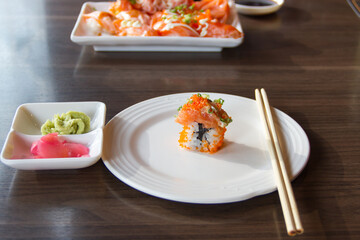 Japanese sushi on white plate