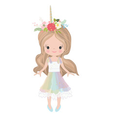Vector Illustration Beautiful Cute Little Girl. Elegant adorable girl with long hair in a multi-colored dress.