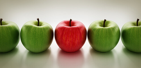 Red apple standing out from green apples. 3D illustration
