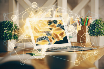 Double exposure of desktop computer and human brain drawing hologram. Ai concept.