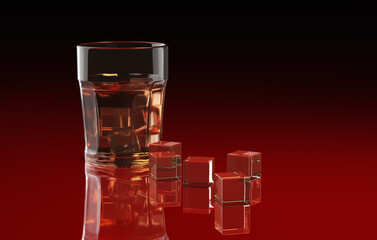 glass of cold drink on a cross mirror table 3d rendering