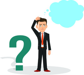 Person thinking hand on head with a question mark in front and thought bubble above his head