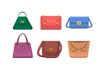 Woman bag icons set. Different fashion handbags isolated on white background. Women's handbag collection summer accessory.
