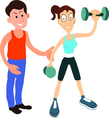 Personal trainer teaching a slim girl how to do exercise using dumbbells body fitness building health care