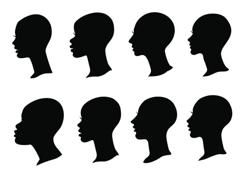 Woman profile black silhouette with bald head. Set of vector female faces isolated on white
