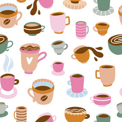 Coffee cups seamless pattern. Vector coffee background. Cute cups and mugs backdrop
