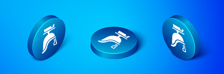 Isometric Roman army helmet icon isolated on blue background. Blue circle button. Vector.