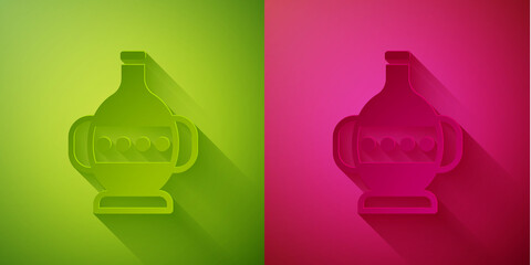 Paper cut Ancient amphorae icon isolated on green and pink background. Paper art style. Vector.
