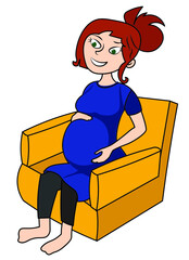 Pregnant woman sitting on a sofa hand on abdomen belly feeling baby movement
