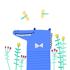 Cute crocodile stands among flowers and butterflies. Can be used for shirt design, fashion print design, kids wear, textile design, greeting card.