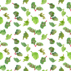 Watercolor handmade seamless pattern with summer lettuce  leaves.White background.