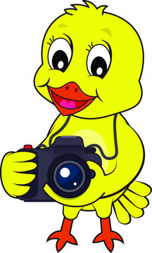 Pretty yellow lovely bird duck holding and adjusting camera focus with a smile