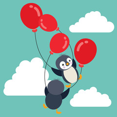 Blue sky illustration with penguins flying holding a red balloons
