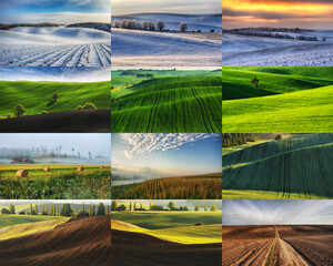 Twelve images of a hilly calendar field. Four seasons: winter, spring, summer, autumn